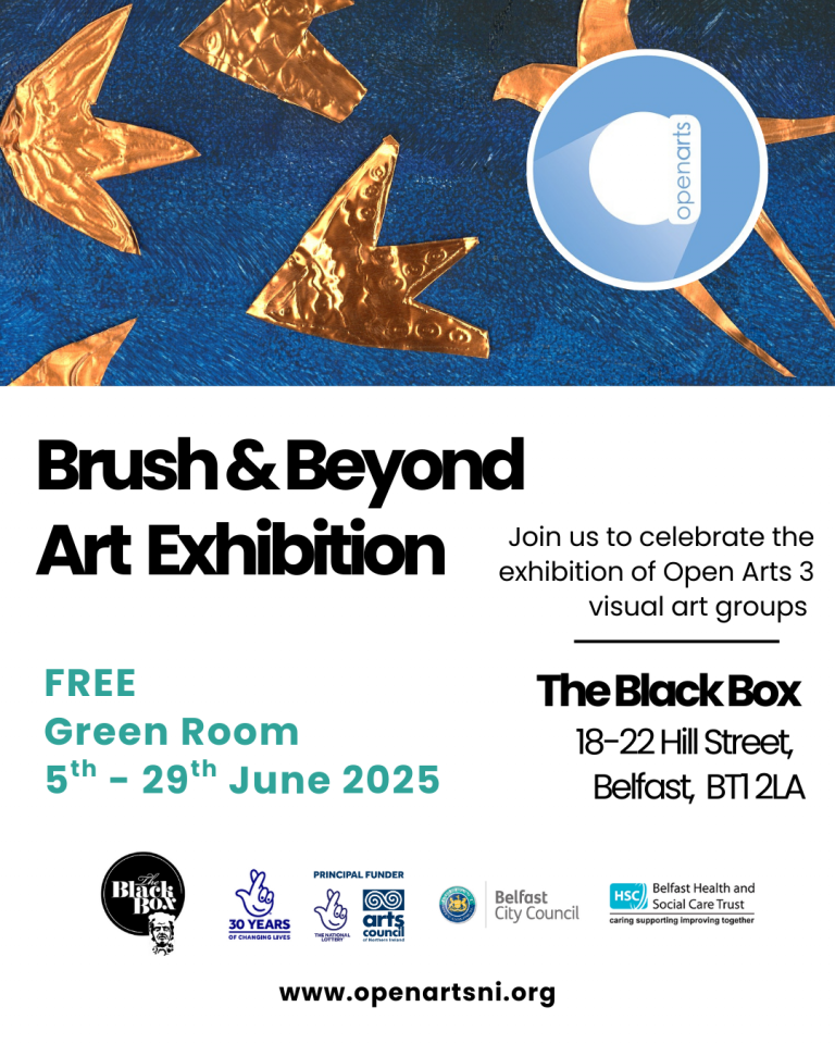 Poster promoting our exhibition "Brush & Beyond." The main graphic has a navy blue background with metalic gold bird shapes scattered across the top half of the page.